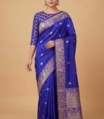 Royal blue semi kataan silk banarasi saree with silver zari booti work