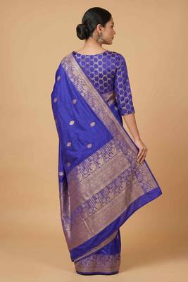 Royal blue semi kataan silk banarasi saree with silver zari booti work 2