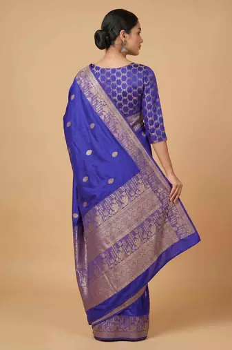 Royal blue semi kataan silk banarasi saree with silver zari booti work