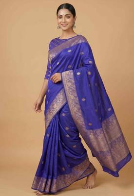 Royal blue semi kataan silk banarasi saree with silver zari booti work 3