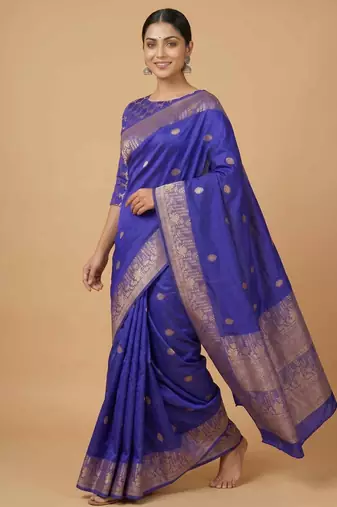 Royal blue semi kataan silk banarasi saree with silver zari booti work