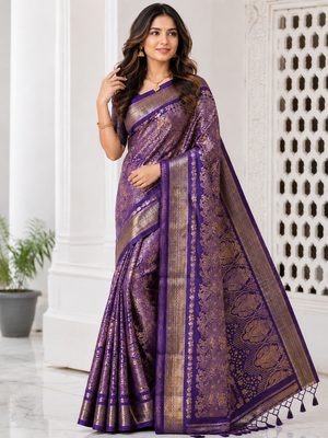 Purple Color Flower Veil And Beautiful Zomatri Flower And Tissue Silk Doubling Jari Jaqurad Weaving Georgette Saree 1