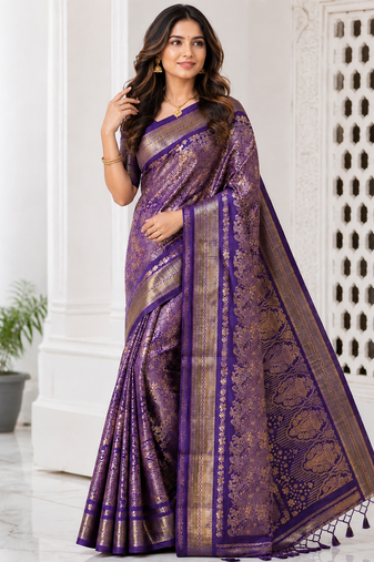 Purple Flower Veil And Beautiful Zomatri Flower And Tissue Silk Doubling Jari Jaqurad Weaving georgettete Saree