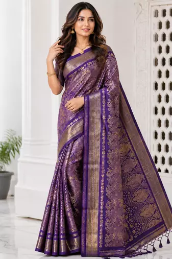 Purple Color Flower Veil And Beautiful Zomatri Flower And Tissue Silk Doubling Jari Jaqurad Weaving Georgette Saree