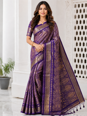 Purple Color Flower Veil And Beautiful Zomatri Flower And Tissue Silk Doubling Jari Jaqurad Weaving Georgette Saree 2