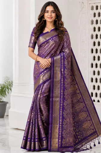 Purple Color Flower Veil And Beautiful Zomatri Flower And Tissue Silk Doubling Jari Jaqurad Weaving Georgette Saree