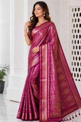 Rani Pink Flower Veil And Beautiful Zomatri Flower And Tissue Silk Doubling Jari Jaqurad Weaving georgettete Saree