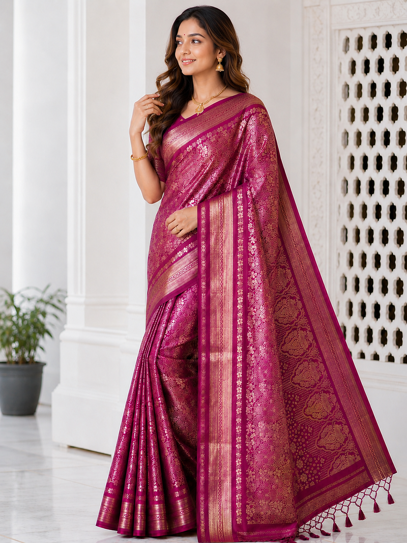 Rani Pink Color Flower Veil And Beautiful Zomatri Flower And Tissue Silk Doubling Jari Jaqurad Weaving Georgette Saree