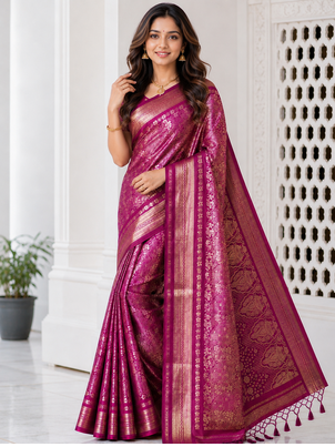 Rani Pink Color Flower Veil And Beautiful Zomatri Flower And Tissue Silk Doubling Jari Jaqurad Weaving Georgette Saree 2