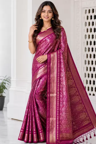 Rani Pink Color Flower Veil And Beautiful Zomatri Flower And Tissue Silk Doubling Jari Jaqurad Weaving Georgette Saree