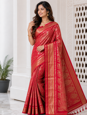 Red Color Flower Veil And Beautiful Zomatri Flower And Tissue Silk Doubling Jari Jaqurad Weaving Georgette Saree 1
