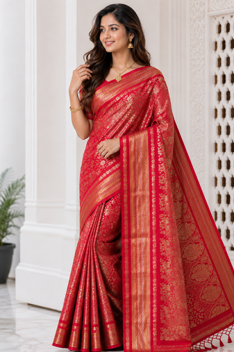 Red Flower Veil And Beautiful Zomatri Flower And Tissue Silk Doubling Jari Jaqurad Weaving georgettete Saree