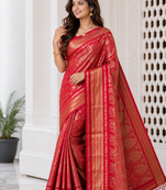 Red Color Flower Veil And Beautiful Zomatri Flower And Tissue Silk Doubling Jari Jaqurad Weaving Georgette Saree