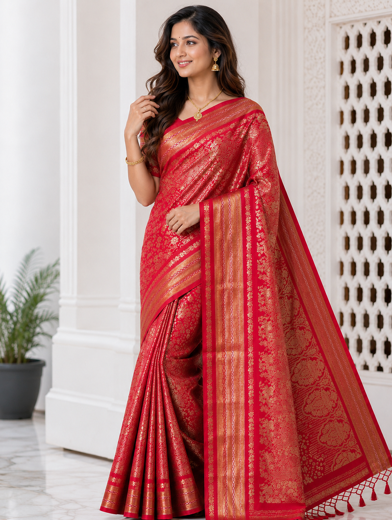 Red Color Flower Veil And Beautiful Zomatri Flower And Tissue Silk Doubling Jari Jaqurad Weaving Georgette Saree