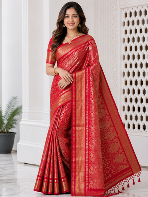 Red Color Flower Veil And Beautiful Zomatri Flower And Tissue Silk Doubling Jari Jaqurad Weaving Georgette Saree 2
