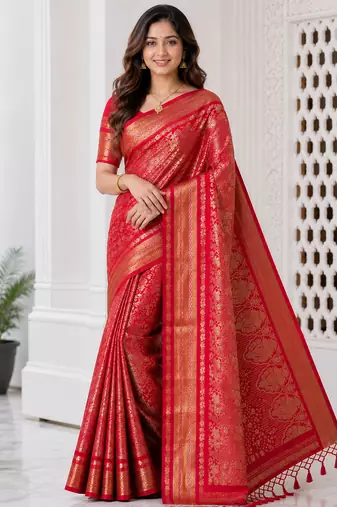 Red Color Flower Veil And Beautiful Zomatri Flower And Tissue Silk Doubling Jari Jaqurad Weaving Georgette Saree