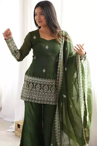 Women s mehandi embroidered kurta with bell bottom pant & dupatta set