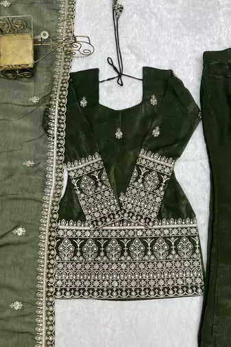 Women s mehandi embroidered kurta with bell bottom pant & dupatta set