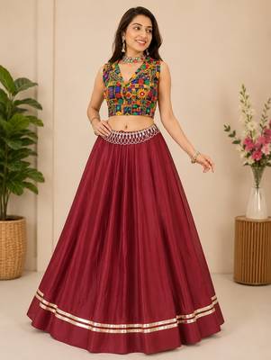 maroon fancy plain lehenga with kutch work blouse for navratri - full stitched free size 1