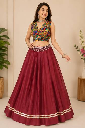 maroon fancy plain lehenga with kutch work blouse for navratri - full stitched free size