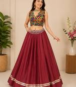 maroon fancy plain lehenga with kutch work blouse for navratri - full stitched free size