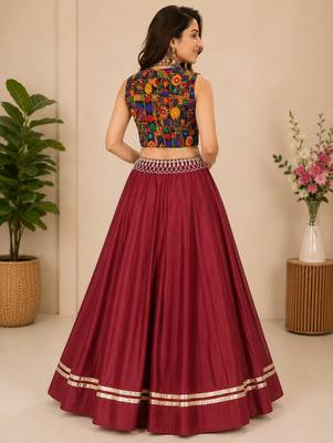maroon fancy plain lehenga with kutch work blouse for navratri - full stitched free size 2