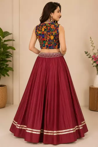 maroon fancy plain lehenga with kutch work blouse for navratri - full stitched free size