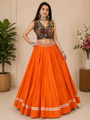 orange fancy plain lehenga with kutch work blouse for navratri - full stitched free size 1