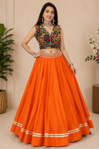 orange fancy plain lehenga with kutch work blouse for navratri - full stitched free size