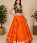 orange fancy plain lehenga with kutch work blouse for navratri - full stitched free size