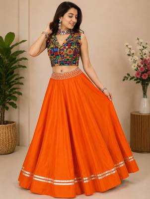 orange fancy plain lehenga with kutch work blouse for navratri - full stitched free size 2