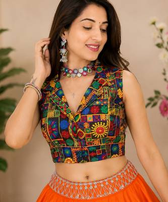 orange fancy plain lehenga with kutch work blouse for navratri - full stitched free size 3