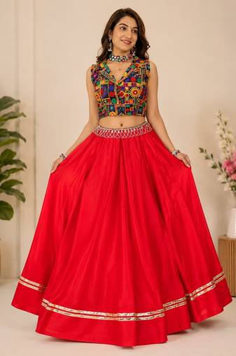 red fancy plain lehenga with kutch work blouse for navratri - full stitched free size