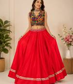 red fancy plain lehenga with kutch work blouse for navratri - full stitched free size