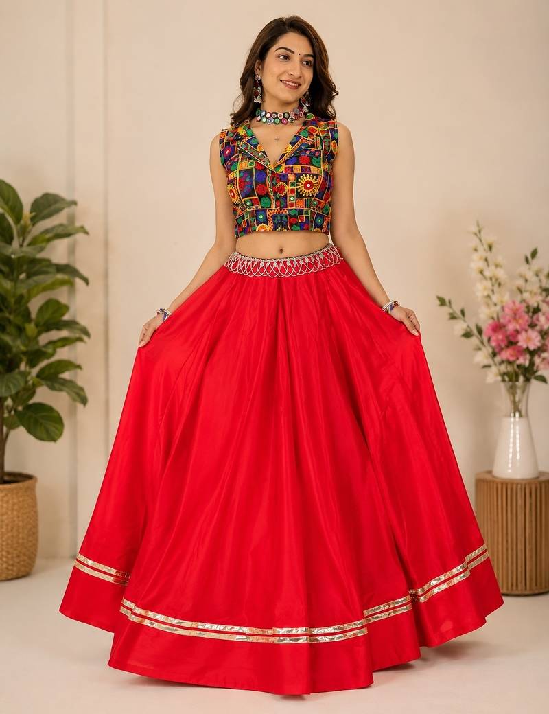 red fancy plain lehenga with kutch work blouse for navratri - full stitched free size