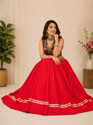 red fancy plain lehenga with kutch work blouse for navratri - full stitched free size 2