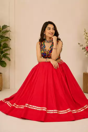 red fancy plain lehenga with kutch work blouse for navratri - full stitched free size