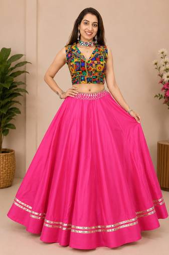 pink fancy plain lehenga with kutch work blouse for navratri - full stitched free size