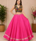 pink fancy plain lehenga with kutch work blouse for navratri - full stitched free size