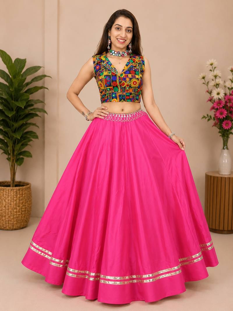 pink fancy plain lehenga with kutch work blouse for navratri - full stitched free size