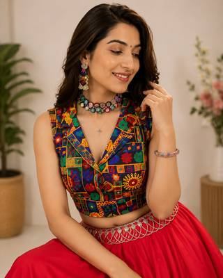 red fancy plain lehenga with kutch work blouse for navratri - full stitched free size 3