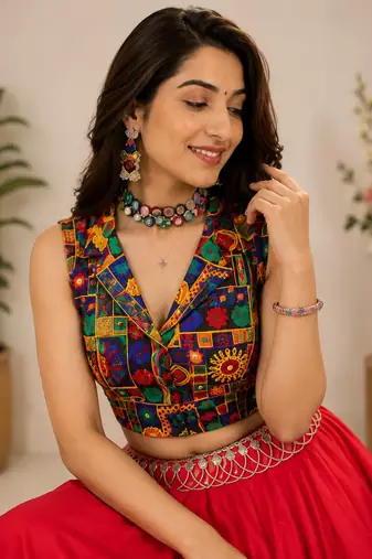 red fancy plain lehenga with kutch work blouse for navratri - full stitched free size