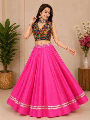 pink fancy plain lehenga with kutch work blouse for navratri - full stitched free size 2
