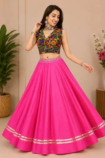 pink fancy plain lehenga with kutch work blouse for navratri - full stitched free size