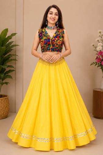 yellow fancy plain lehenga with kutch work blouse for navratri - full stitched free size