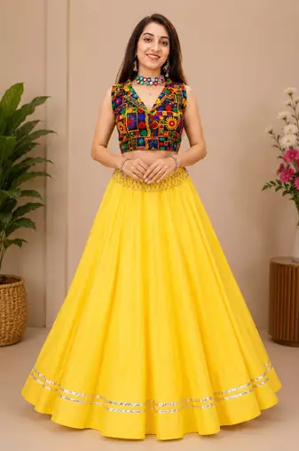 yellow fancy plain lehenga with kutch work blouse for navratri - full stitched free size