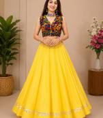 yellow fancy plain lehenga with kutch work blouse for navratri - full stitched free size
