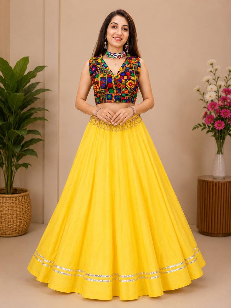 yellow fancy plain lehenga with kutch work blouse for navratri - full stitched free size