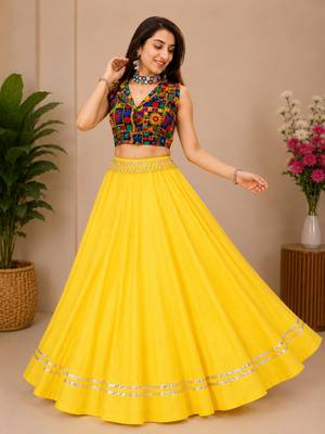 yellow fancy plain lehenga with kutch work blouse for navratri - full stitched free size 2