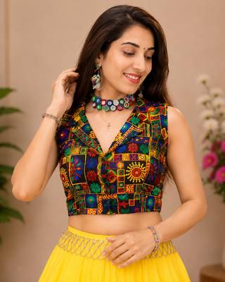 yellow fancy plain lehenga with kutch work blouse for navratri - full stitched free size 3